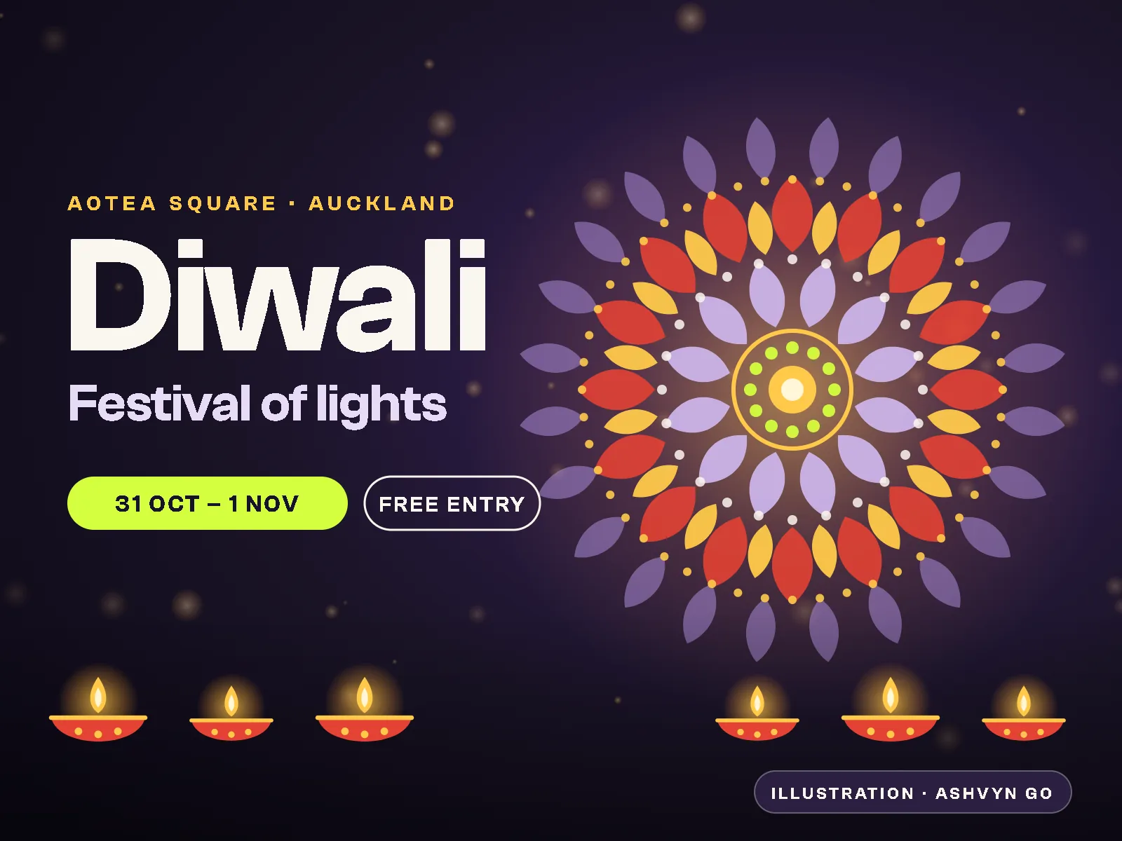 Ashvyn GO illustration for BNZ Auckland Diwali Festival